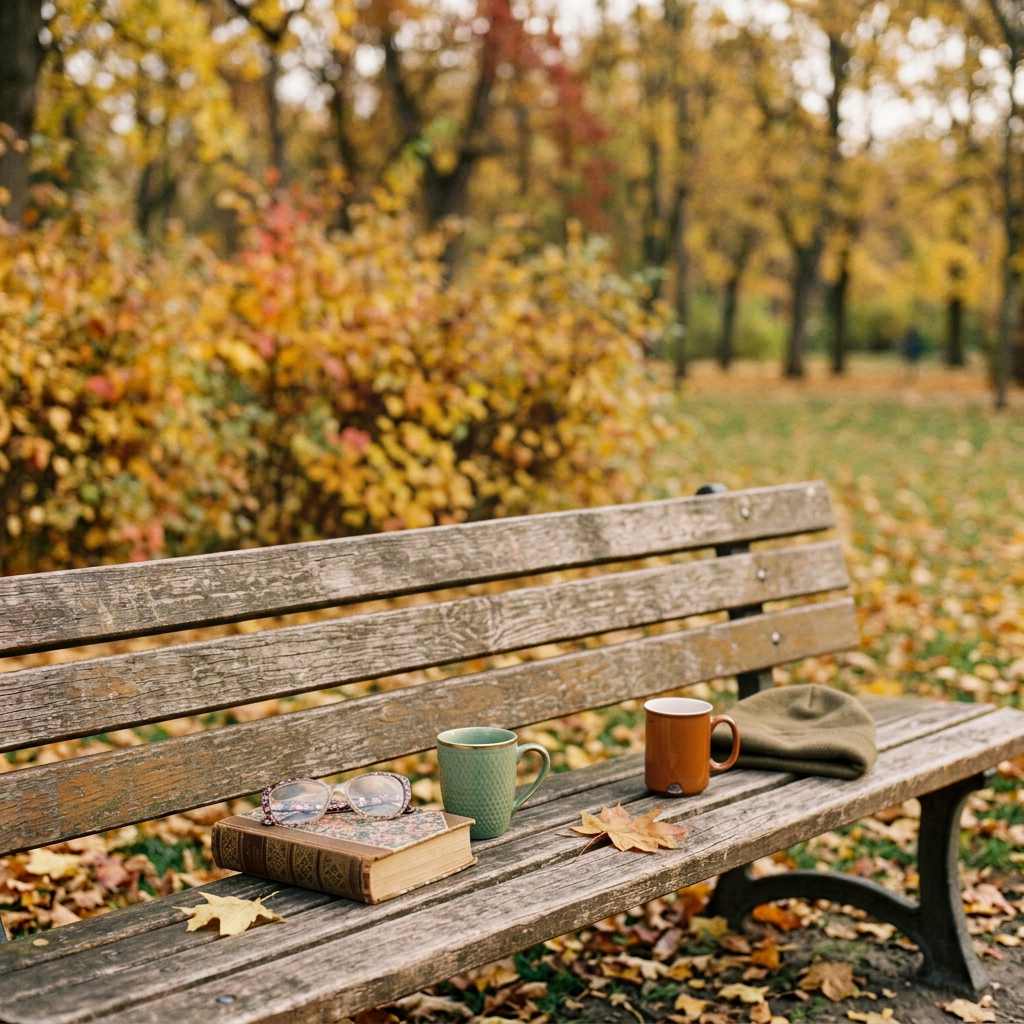 Older woman and young man sitting together on a park bench with coffee